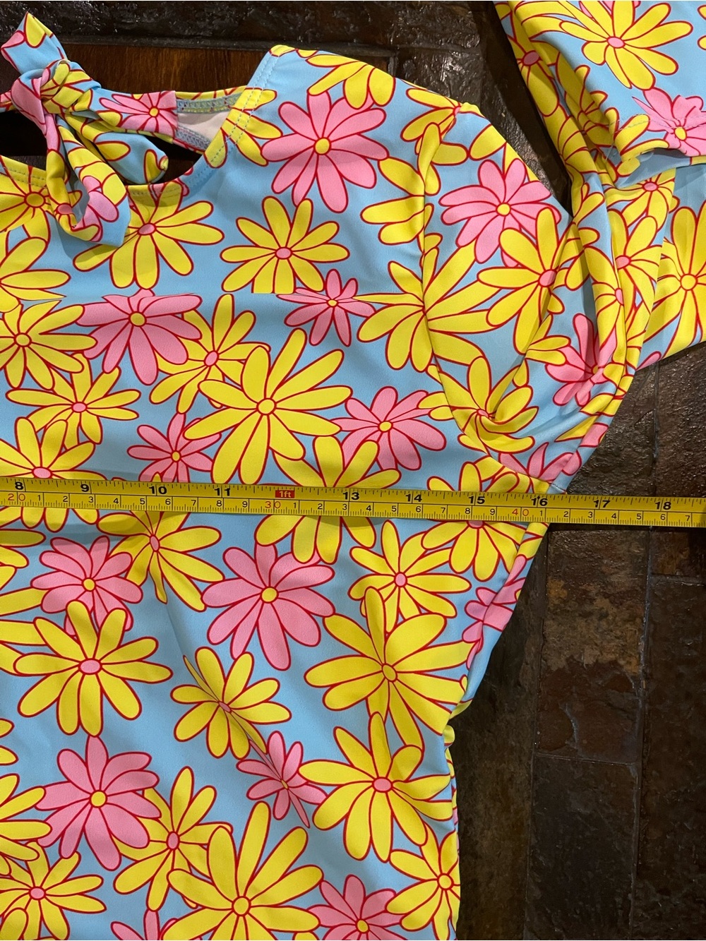 Daisy Print Long-Sleeve Rash Guard One-Piece Swimsuit - Blue/Yellow/Pink - Picture 4 of 10